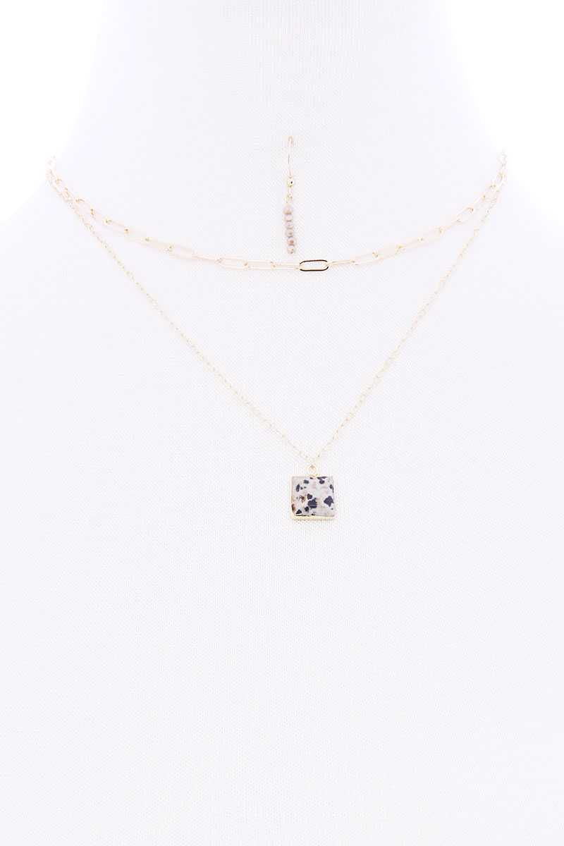 2 Layered Chain Metal Square Marbling Stone Pendant Necklace