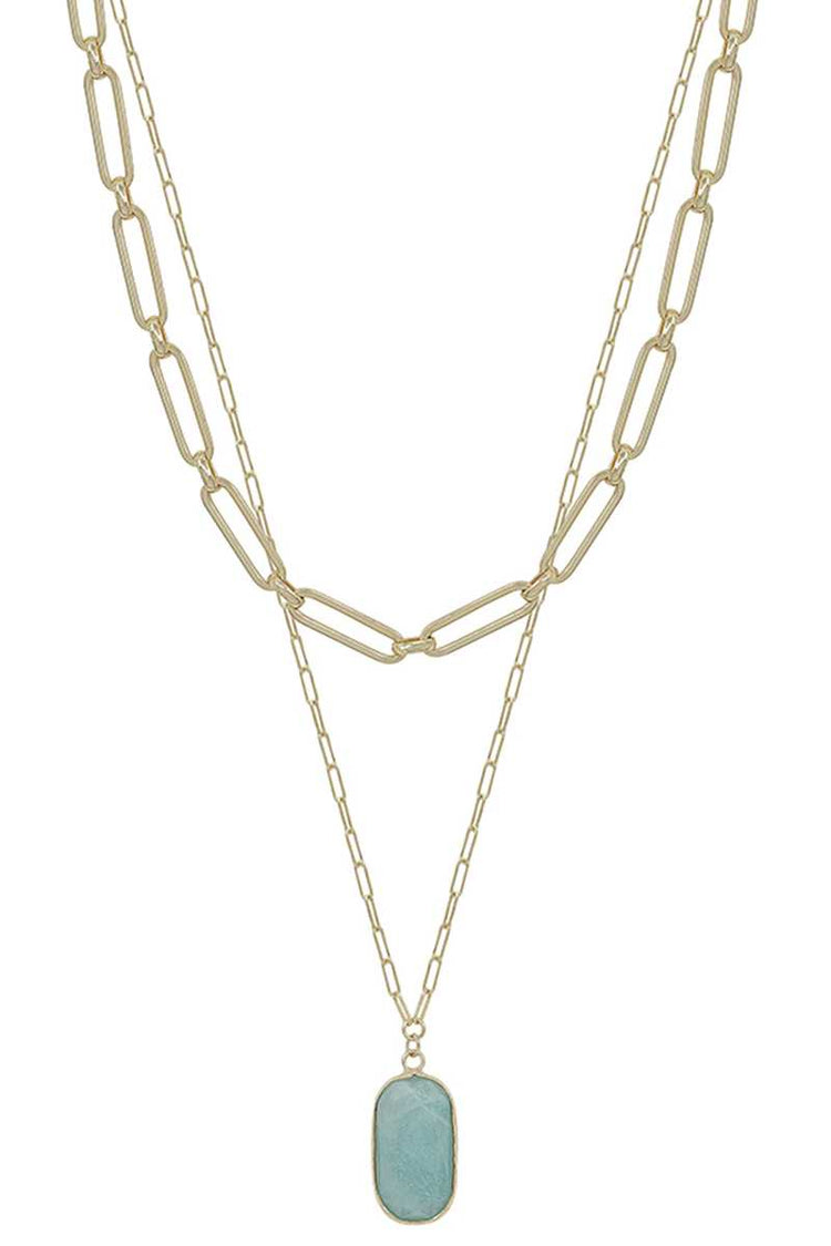 2 Layered Metal Chain Stone Pendant Necklace