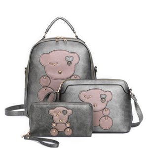 3in1 Cute Bear Design Handle Backpack W Crossbody And Wallet Set