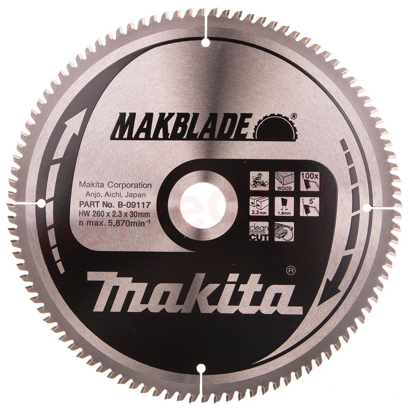 Новая подлинная Makita B-09117 Круглая пила Llade HM 260 мм x 30 мм x 2,3 мм 5 ° T100