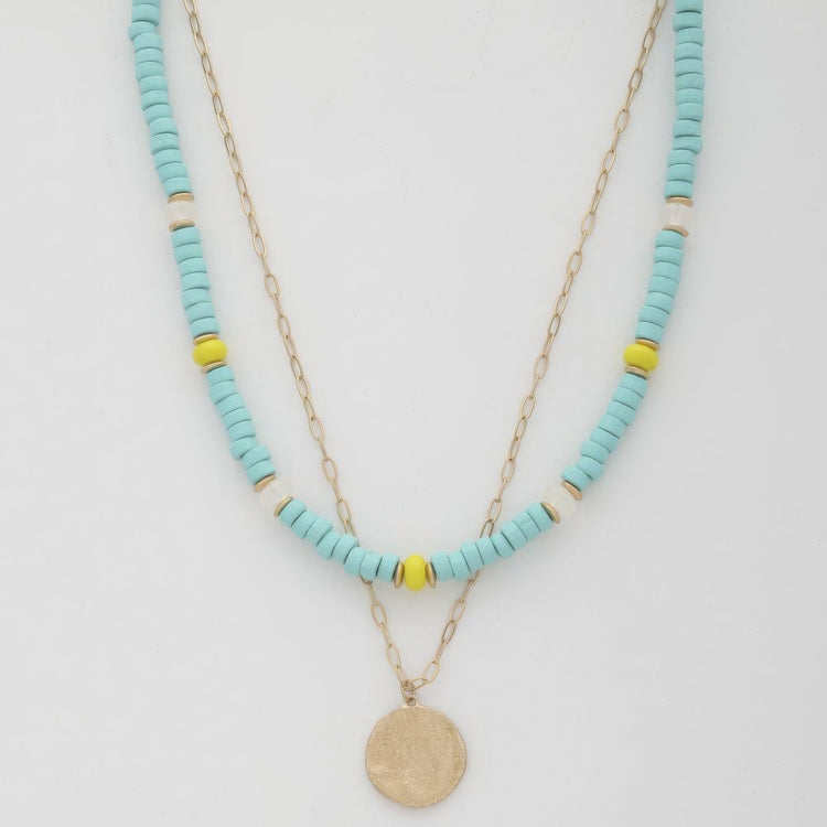 Coin Wood Bead Layered Necklace