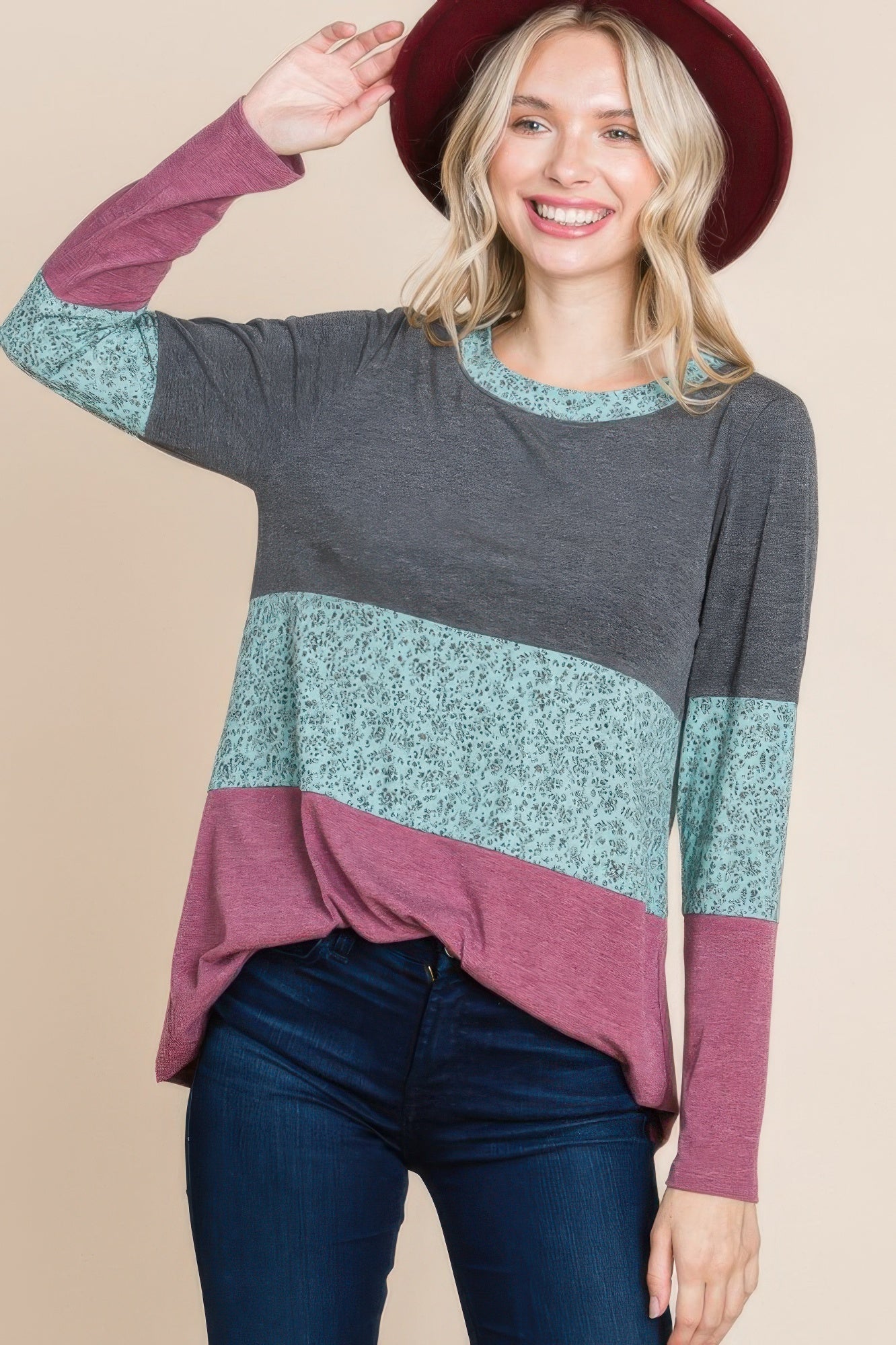 Colorblock Floral Contrast Long Sleeve Top