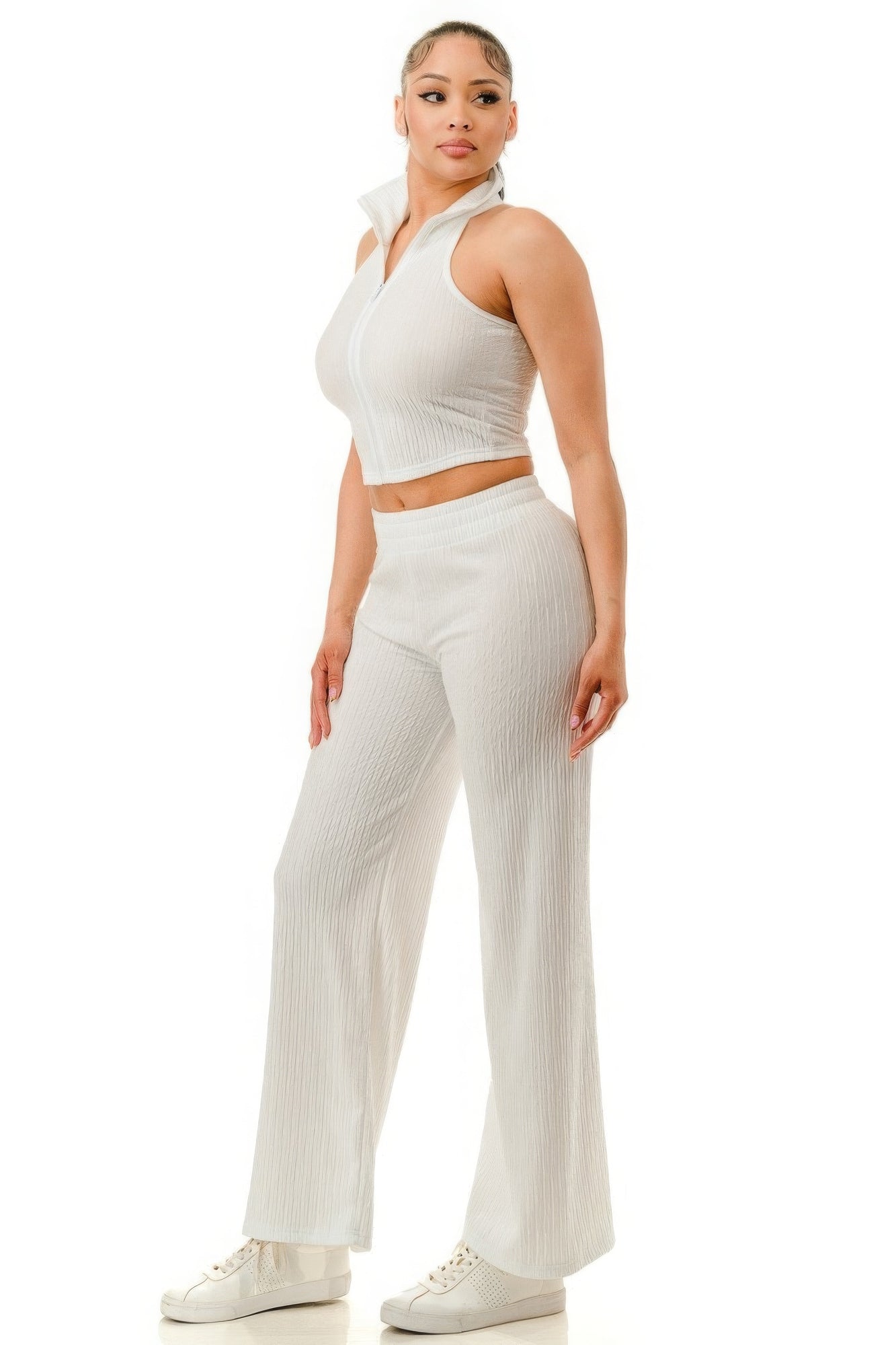 Crinkle Wide Pants Set Zipper