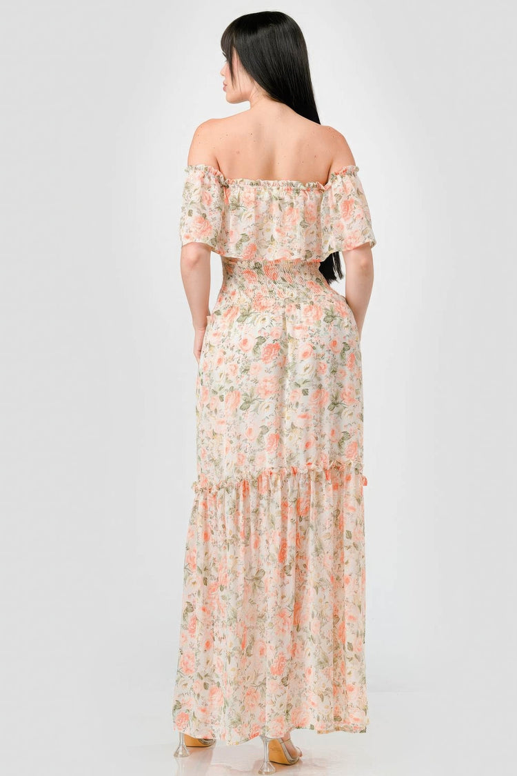 Floral Chiffon Off Shoulder Smocked Back Ruffled Tiered Maxi Dress