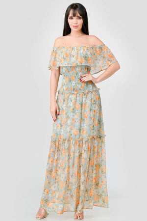 Floral Chiffon Off Shoulder Smocked Back Ruffled Tiered Maxi Dress