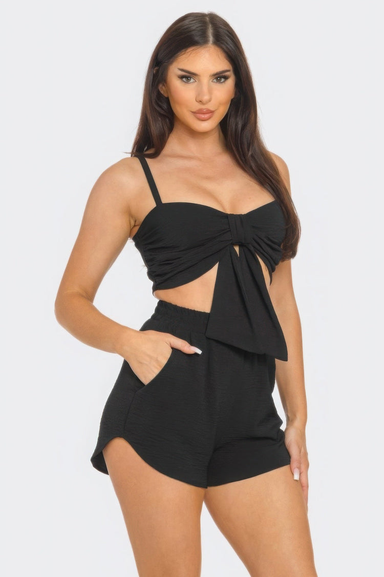 Front Oversized Bow Twisted Tie Top And Shorts Set