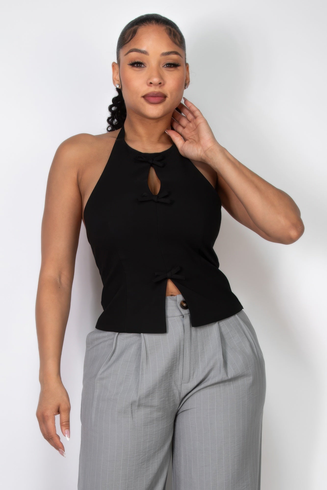 Halter ribbon open-back crop top