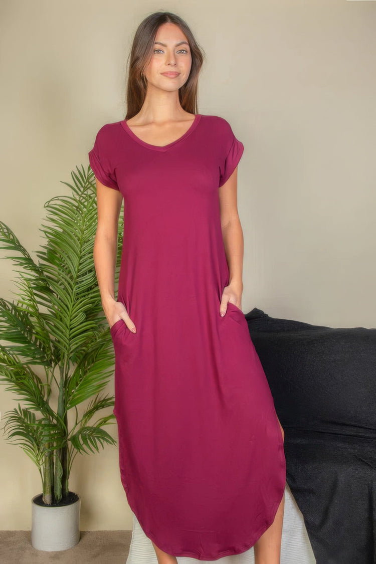 Hidden Pocket Batwing Sleeve V Neck Long Dress