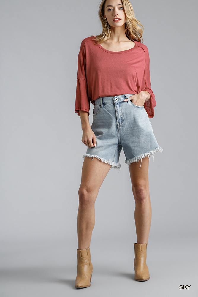 High Rise Denim Shorts With Raw Hem