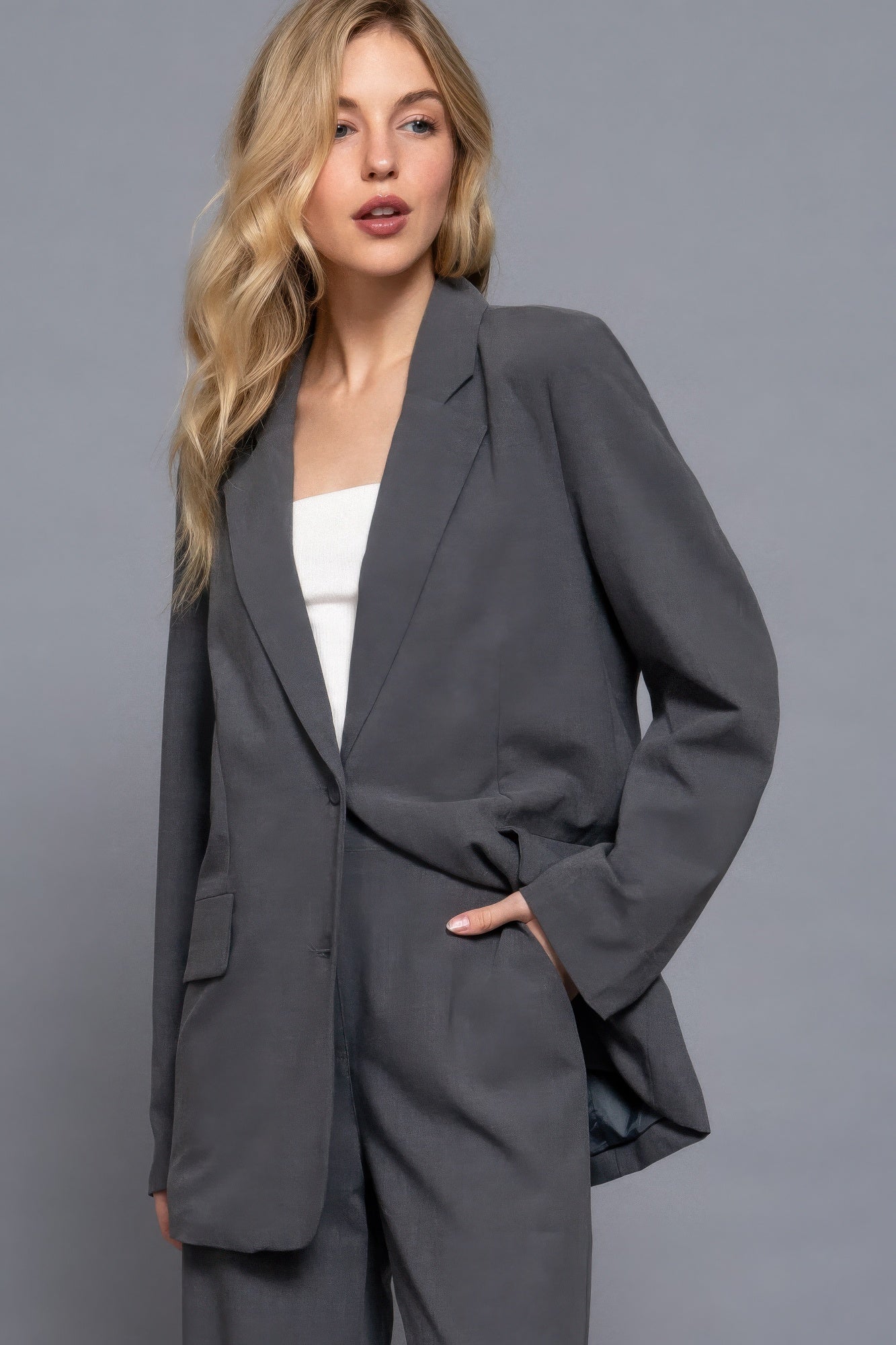 Long slv front button closure blazer