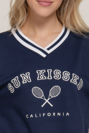 Long slv v-neck embroidered sweatshirt