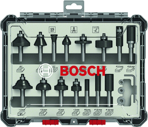 New Genuine Bosch 2607017472 Mixed Router Bit Sets, 15-Pieces