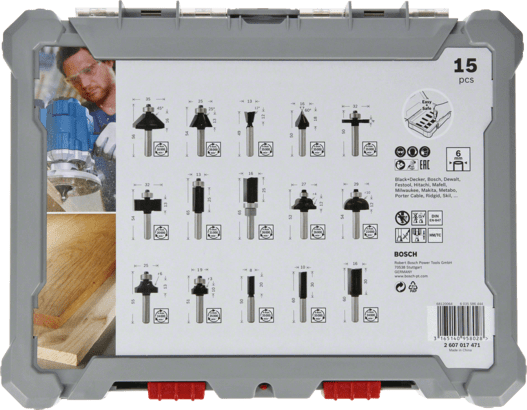 New Genuine Bosch 2607017472 Mixed Router Bit Sets, 15-Pieces