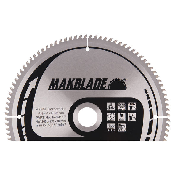 New Genuine Makita B-09117 Circular Saw Blade HM 260mm x 30mm x 2.3mm 5° T100