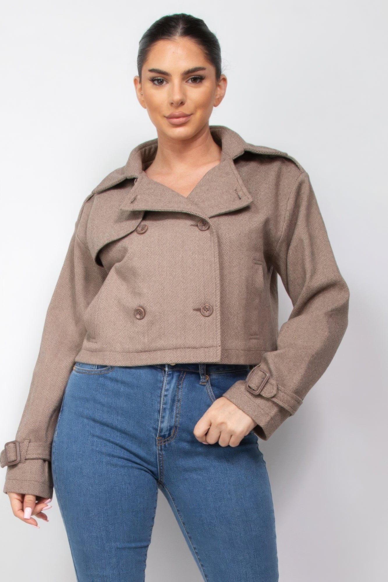 Notch Buckled Sleeve Crop Trench Coat