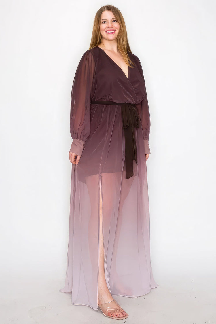 Ombre Chiffon Wrap Front Long Sleeve Tie Waist Slit Front Maxi Dress