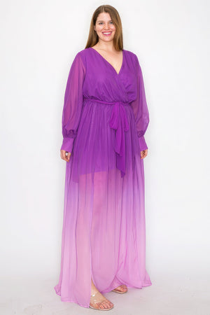 Ombre Chiffon Wrap Front Long Sleeve Tie Waist Slit Front Maxi Dress