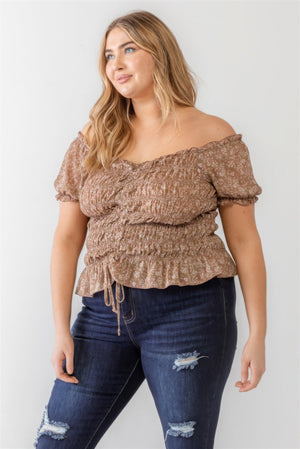 Plus Floral Chiffon Ruched Smocked Off-the-shoulder Top