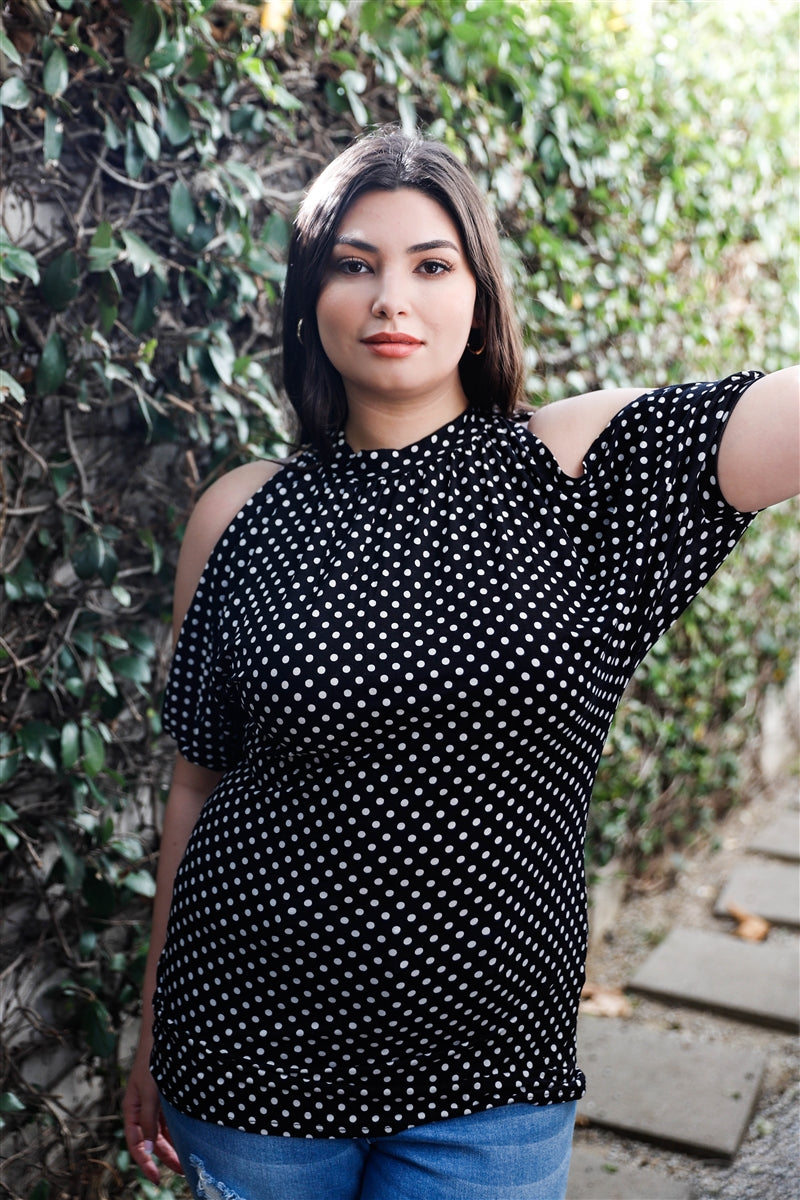 Plus Polka Dot Cold Shoulder Short Sleeve Back Self-tie Top