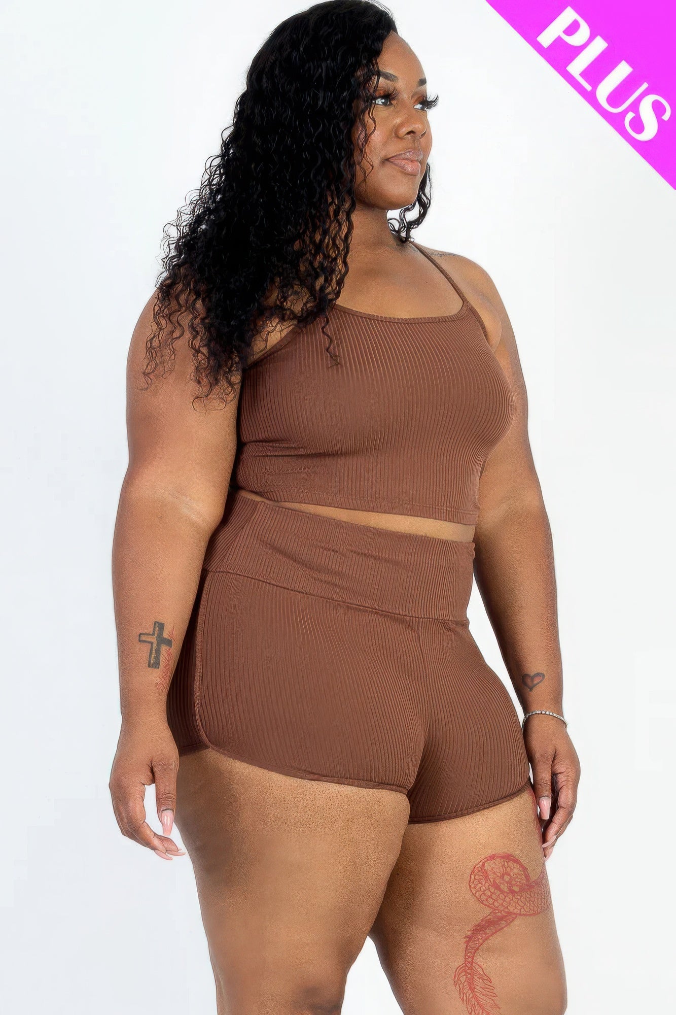 Plus Size Ribbed Cami Crop Top & Ruched Shorts Set