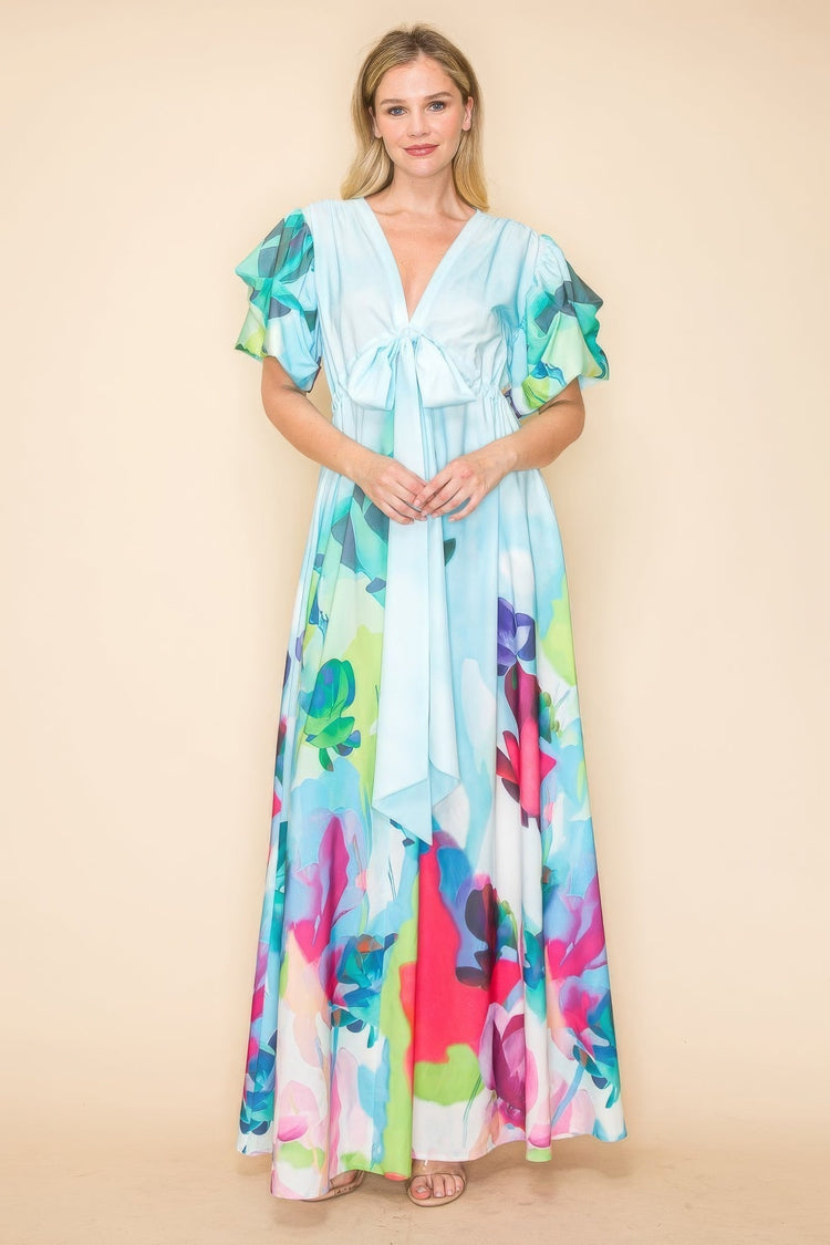 Printed V Neck Maxi Dress