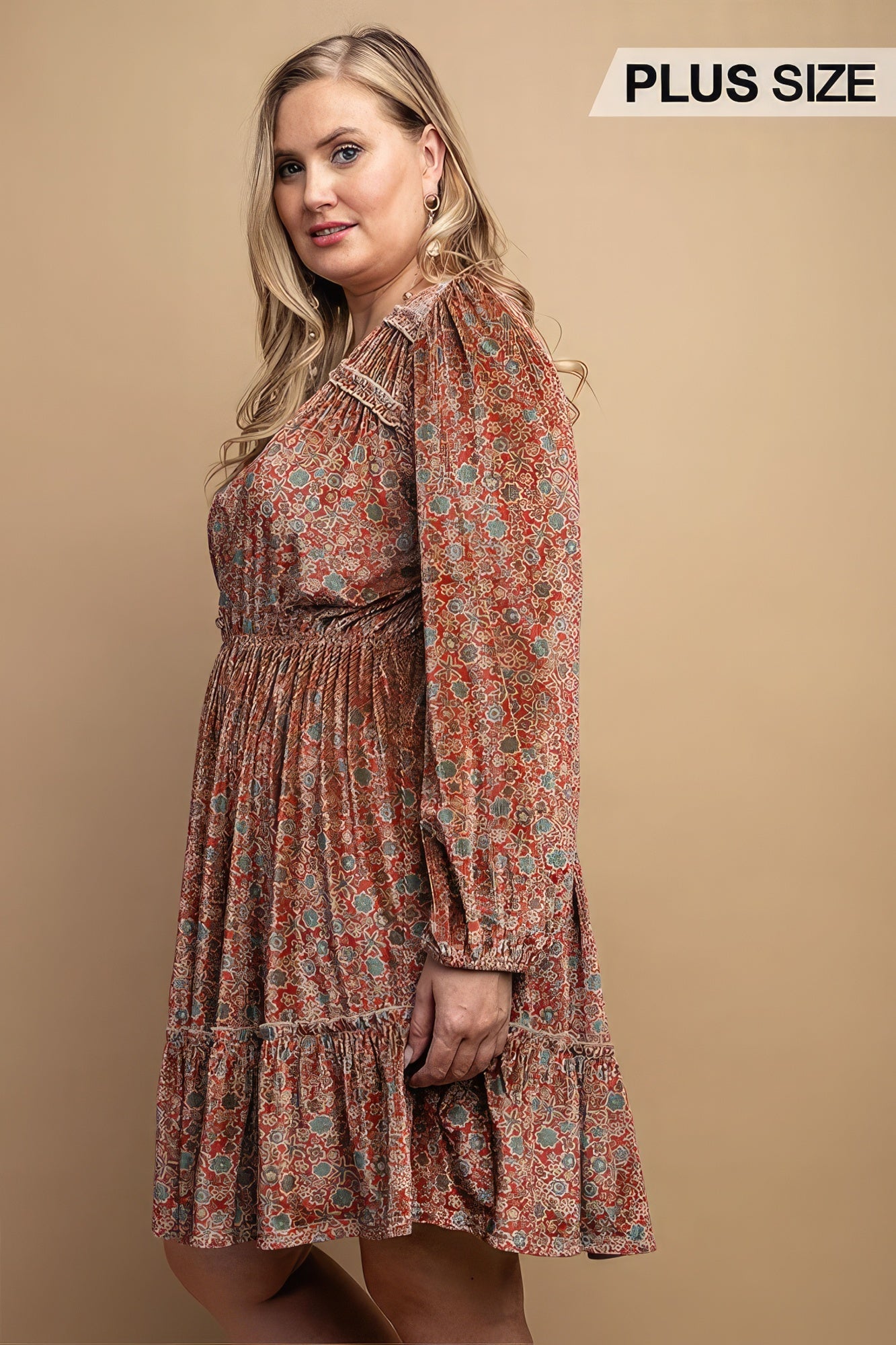 Printed Velvet V-neck Dress With Button Front Detail