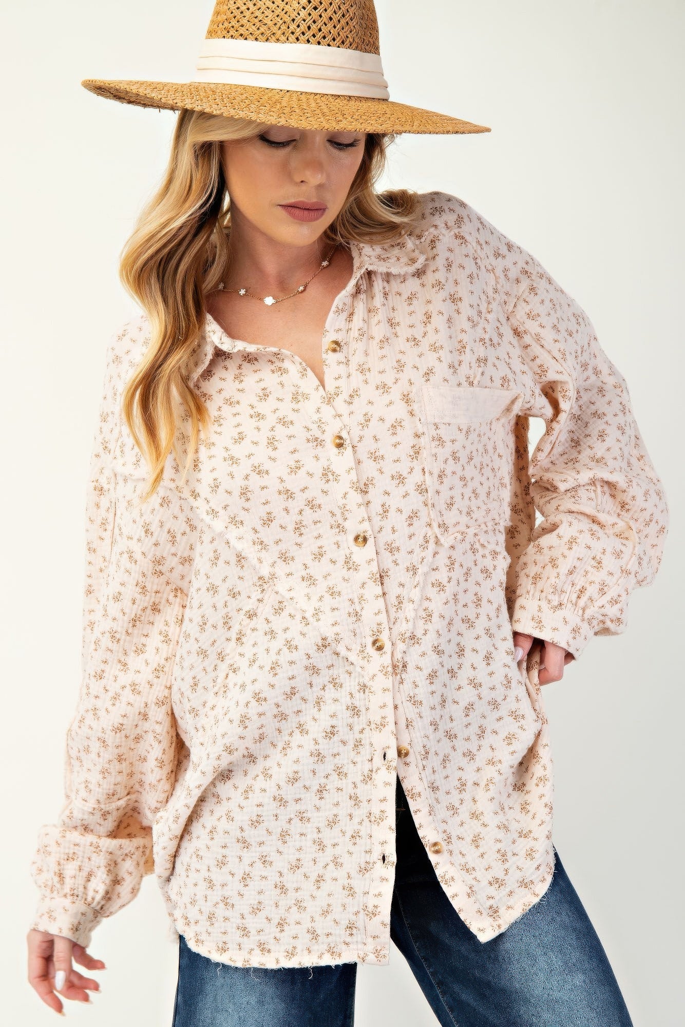 Printed cotton gauze button down woven shirt