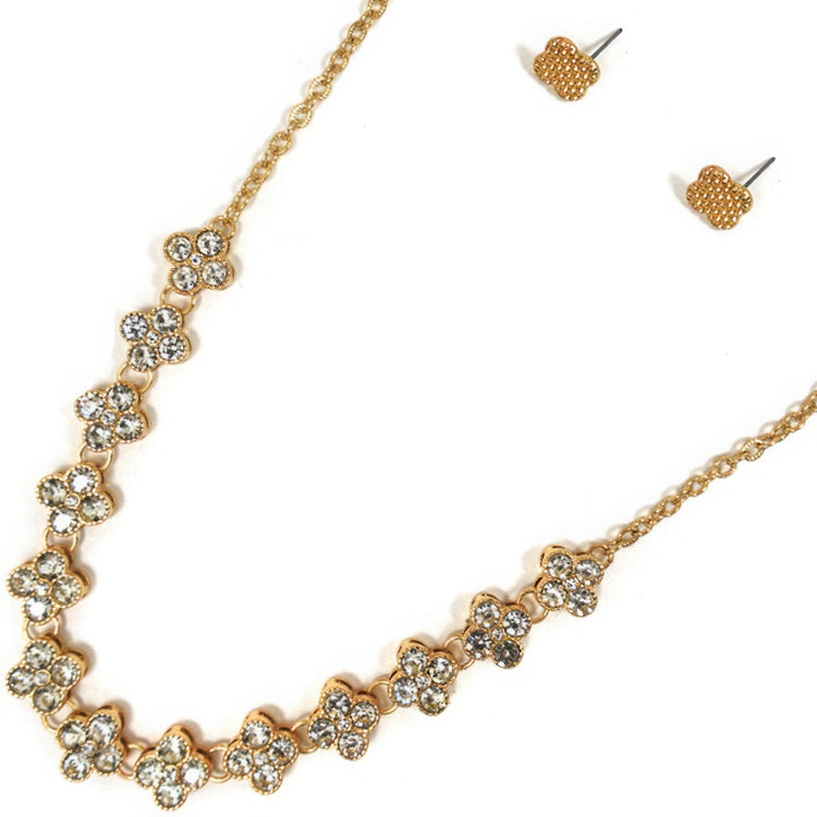 Rhinestone Clover Necklace Earring Set