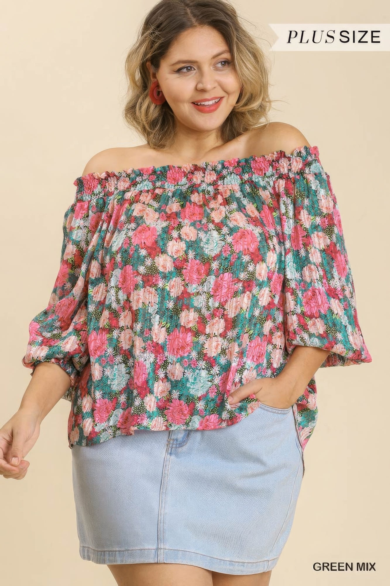 Sheer Floral Print Metallic Threading Long Sleeve Off Shoulder Top With High Low Hem