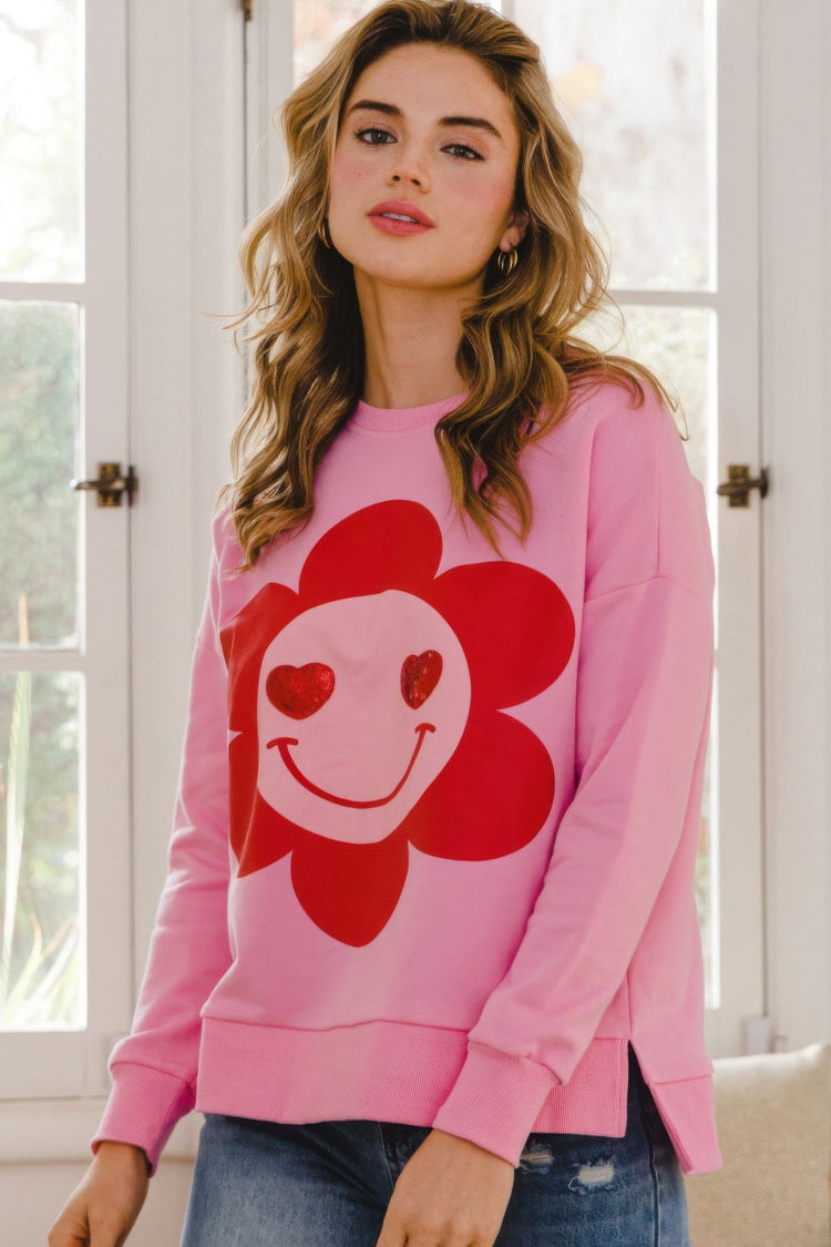 Smiley Flower Oversized Pullover