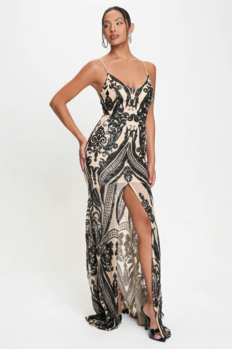 Spaghetti Strap Art Deco Sequins Maxi Dress