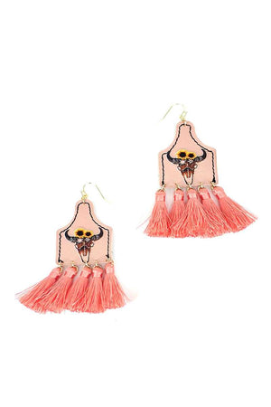 Stylish Western Cow Skull And Tassel Drop Earring