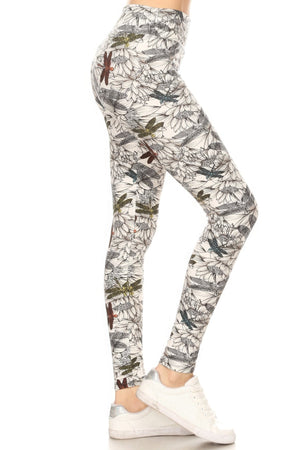 Yoga Style Banded Lined Dragonfly Print, Full Length Leggings In A Slim Fitting Style With A Banded High Waist