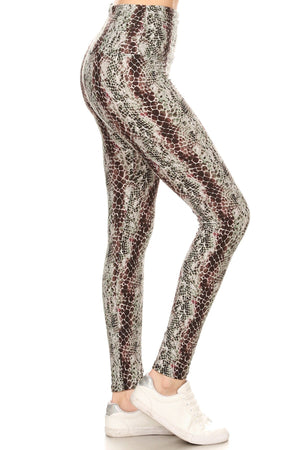 Yoga Style Banded Lined Snakeskin Printed Knit Legging With High Waist.